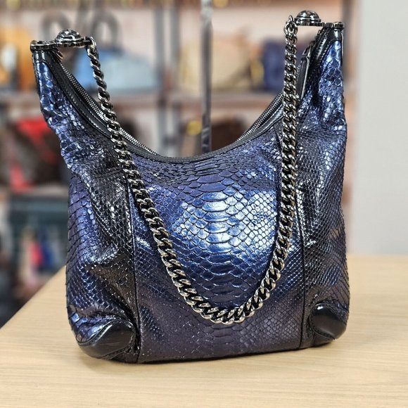 GUCCI Authentic Rare Exotic Python Leather Tote Hobo Large Metallic Blue Handbag - Picture 1 of 16